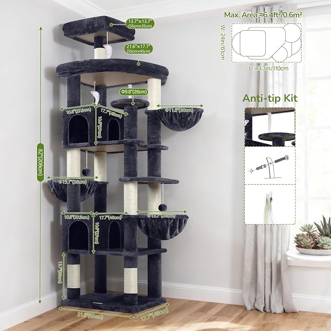 Globlazer Extra Large Cat Tree Tower, 82in Tall Heavy Duty Cat Tree for Indoor Cats Large Adult Big Cat Tower with 8 Scratching Posts, 2 Cat Condos, 2 Padded Perches, 3 Hanging Baskets, S82, Dark Gray