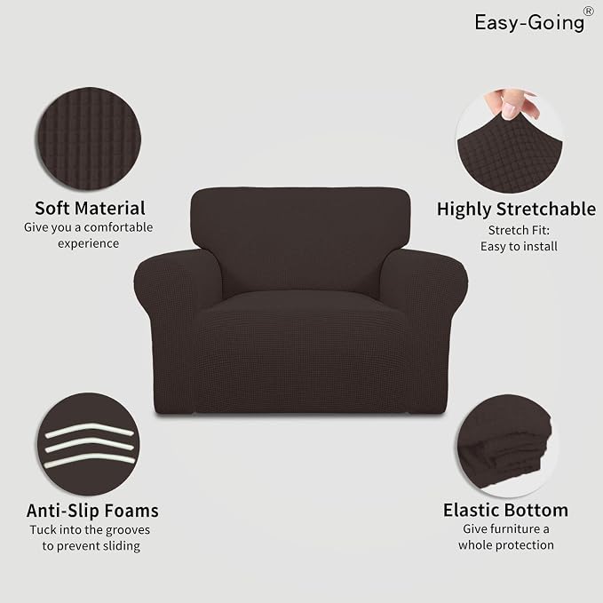 Easy-Going Stretch Oversized Chair Sofa Slipcover 1-Piece Couch Sofa Cover Furniture Protector Soft with Elastic Bottom for Kids Spandex Jacquard Fabric Small Checks Chocolate