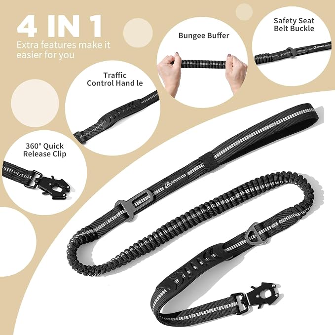 Heavy Duty Tactical Dog Leash, 4-6FT Shock Absorbing Bungee Lead with 2 Padded Handles, Metal Carabiner & Seatbelt Clip, Reflective No-Pull Leash for Medium/Large Dogs Black