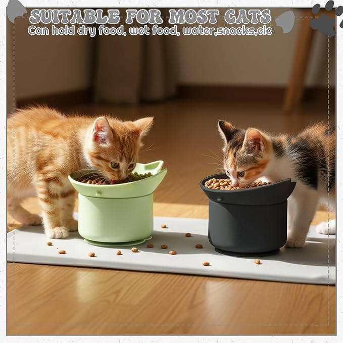 2 Pack Slow Feeder Cat Bowls, Silicone Tilted Raised Pet Bowl with Non Slip Base for Digestion Anti Vomit, Black, Green