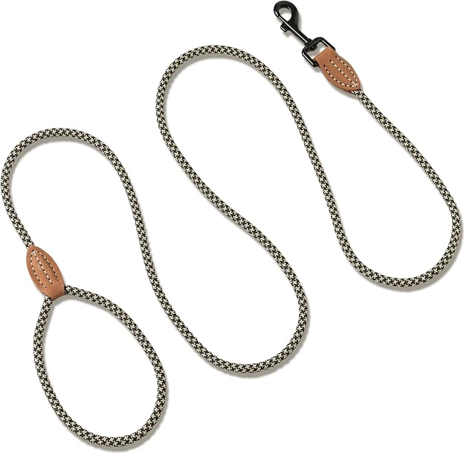 Mile High Life Small Dog Leash, Thin Rope Leash with Genuine Leather Connection and Heavy Duty Metal Clasp, Great for Small Medium Dogs(Black Khaki,60 Inch-1/3)