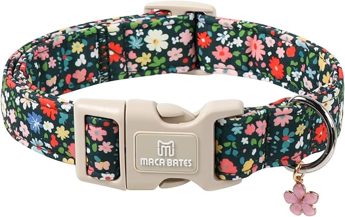 Maca Bates Spring Flower Basic Dog Collar with Blossom Charm for Medium Girl Boy Dogs, Dark Green Floral Pattern,Pretty Adjustable Durable Soft Flowers Collars Gift for Male Female Puppy