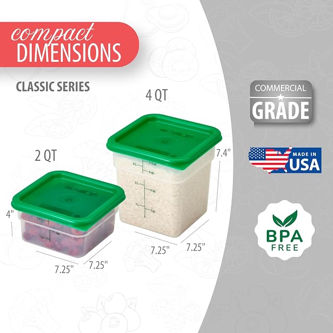 Cambro Food Storage Container with Lid (Microwave Safe and BPA-Free) - 2 Pack - Classic Series Square with Green Lid - 2 and 4 QT (Quart) - Commercial Grade for Food Prep (Translucent)