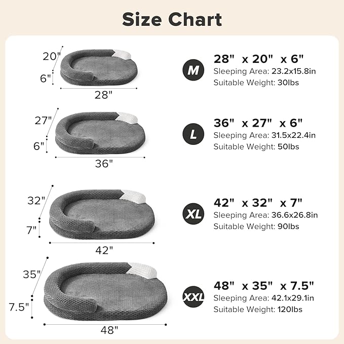 JOEJOY XXL Orthopedic Dog Beds, Extra Large Washable Waterproof Oval Dog Bed with with Removable Cover, Egg-Crate Memory Foam Pet Bed with Bolster Sides & Non-Skid Bottom, Dark Grey, 48''x35''