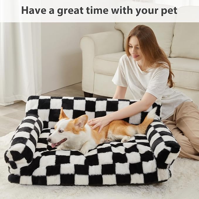 BFPETHOME Large Dog Couch Bed, Cute Pet Sofa with Non-Slip Bottom, Checkered Dog Bed with Washable Cover, XL Pet Couch (Black&White)