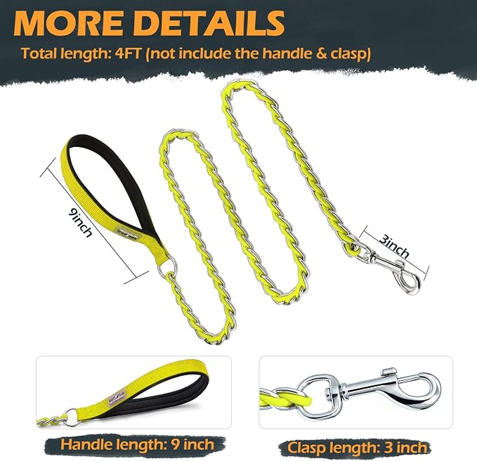 Chain Dog Leash Chew Proof Metal Leash for Medium Large Dogs, Chain Link Dog Anti Chew 5.2FT / 4FT Strong Anti Bite Comfortable Soft Padded Handle (Yellow, 4FT(80-150lb))