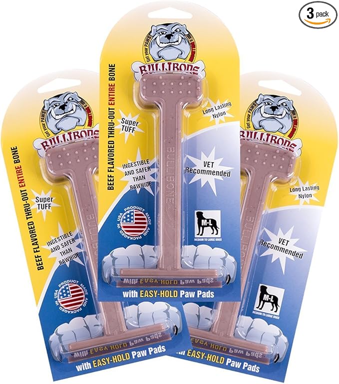 Bullibone Nylon Dog Chew Toy for Aggressive Chewers - Dental Hygiene Bone with Beef Flavor, Durable Tough Chew Toys for Large Dogs, Indestructible Dog Bone - 3 Pack