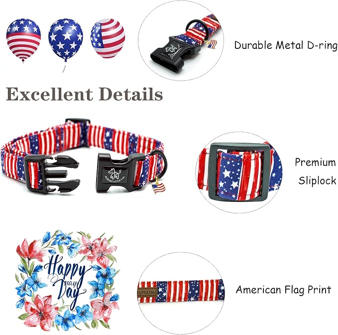 Elegant little tail Independence Dog Collar, 4th of July Holiday Pet Collars Cotton Patriotic Puppy Girl or Boy Soft Pet Gift Adjustable Dog Collar for Small Medium Large Dogs