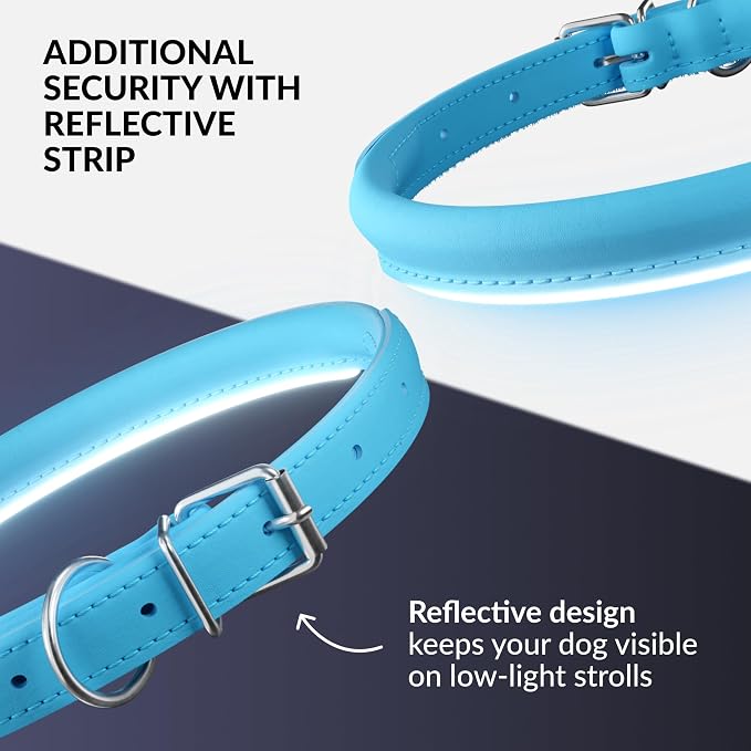 CollarDirect Reflective Rolled Leather Dog Collar, Soft Padded Round Puppy Collar, Handmade Genuine Leather Collar Dog Small Large Cat Collars 13 Colors (11-14 Inch, Light Blue Reflective)