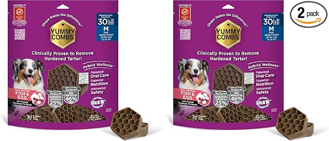 Yummy Combs Dog Dental Treats – Fish & Egg Protein – Vet VOHC Approved, Removes Tartar – A Daily Teeth Cleaning Treat for Medium Dogs (30 Count) (Pack of 2)