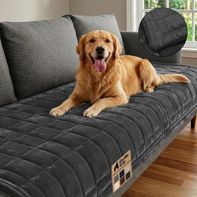 GORILLA GRIP Slip and Leak Resistant Plush Quilted Oversized Sofa Cushion Cover Blanket, Soft Couch Covers for Dogs, Machine Washable Furniture Protector Pet Friendly Couches, Dark Gray, 78x28 Inches