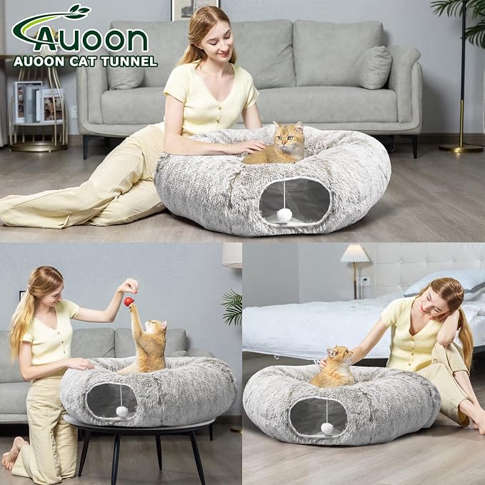AUOON Cat Tunnel Bed for Indoor Cats - Large Cat Donut Tunnel with Hanging Ball Toy, Collapsible 2-in-1 Multifunctional Interactive Cat Toy for Kitten, Puppy, Rabbit, Ferret (Khaki)