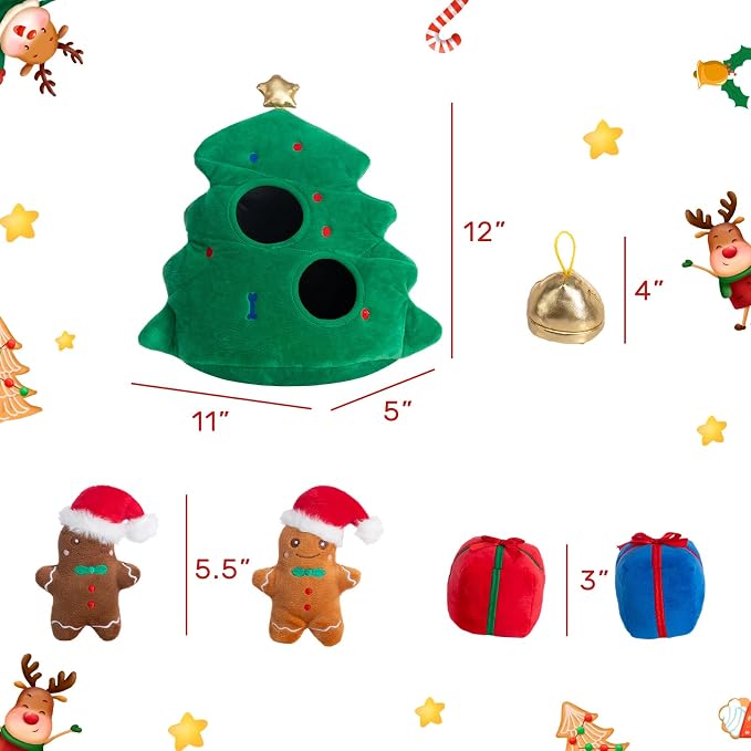 Hollypet Squeaky Dog Toy, Interactive Plush Hide and Seek Dog Toys for Small Medium Sized Dogs and Non-Aggressive Chewers, Puppy Teeth Clean Chew Toys, Christmas Tree