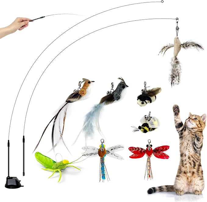 TTcat Cat Toys Suction Cup,2 Cat Wand Toys,8Pcs Birds and Insects Dragonfly Grasshopper Simulation Feather Refills with Bells, Interactive Cat Toys for Indoor Cats and Kitten.