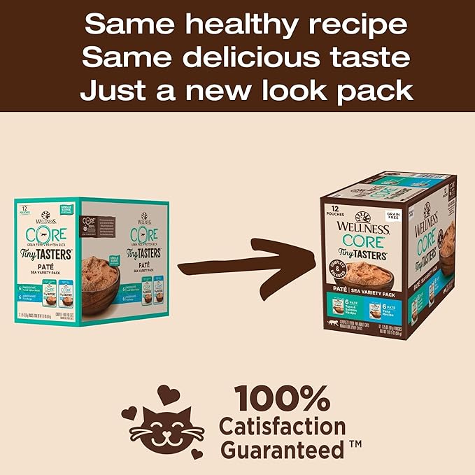 Wellness CORE Tiny Tasters Pate Variety Pack Adult Wet Cat Food, Natural, Protein Rich, Grain Free, Sea Recipies, 1.75 oz, Pack of 12 Pouches
