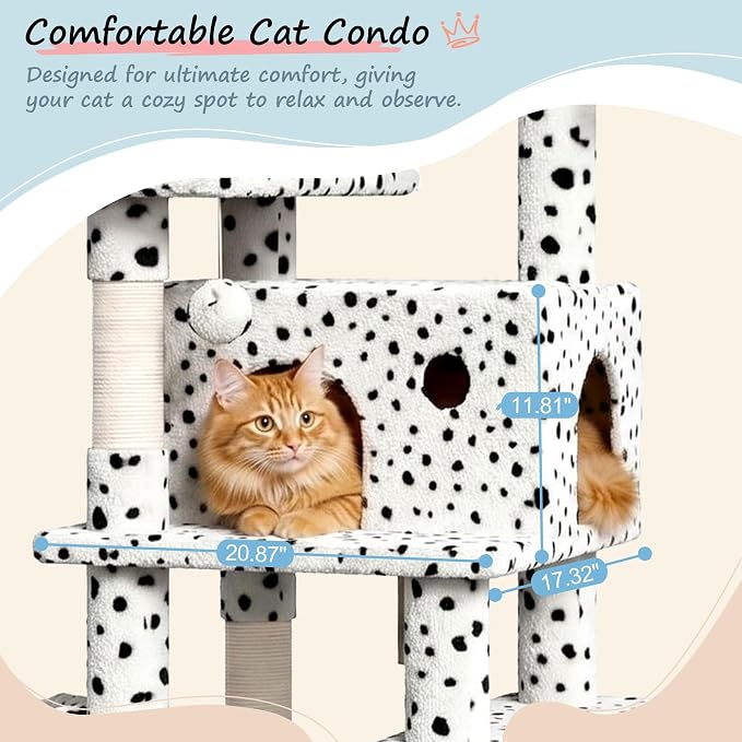 SHA CERLIN 82 inch, Multi-Level Cat Tree Tower for Indoor Cats, Cat Condo with Sisal Scratching Posts, Plush Perches, Hammocks, Toy Balls, White & Black Spot