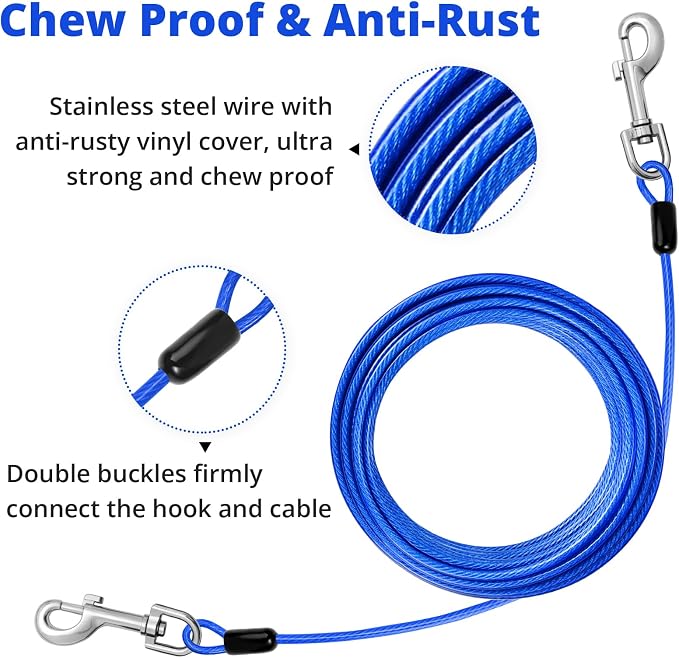 jenico Dog Tie Out Cable: 30ft Dog Leads for Yard Heavy Duty - Reflective Chain Leash for Outside Small Large Dogs Up to 125lbs Outdoor Runner Camping