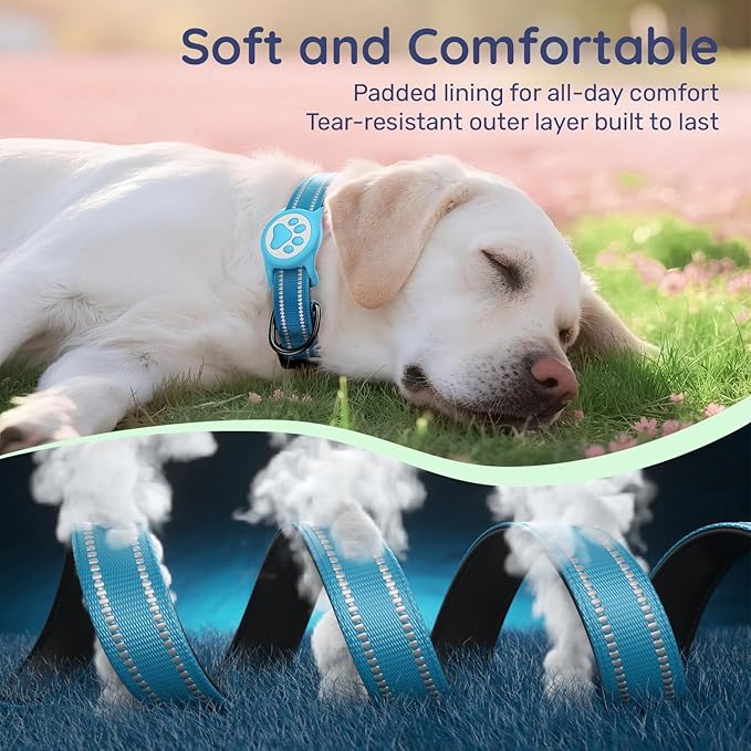 Airtag Dog Collar, Reflective Ultra-Durable Nylon Padded with QR Code Buckle & IP68 Waterproof Air Tag Holder Compatible for Apple AirTag, Comfortable for Small Medium Large Dogs(Blue,M)