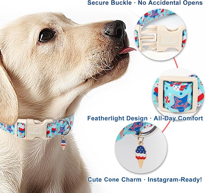 Maca Bates 4th of July Basic Dog Collar with Icecream Charm American Flag Patriotic 4 of 7 Pattern,Medium for Boy Girl,Adjustable Durable Blue Independence Day Gift for Male Female Puppy