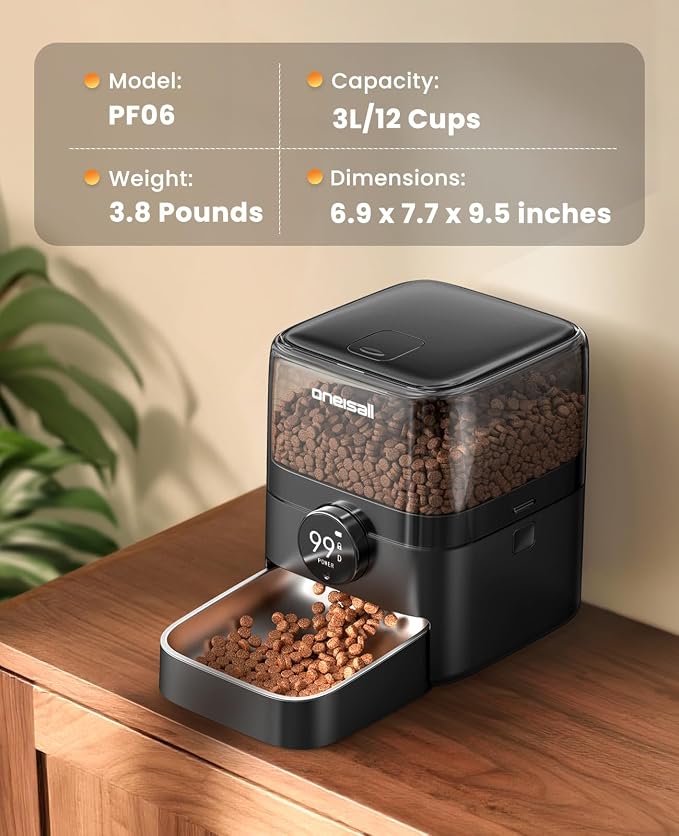 oneisall Automatic Cat Feeder, WiFi Rechargeable 100-Day Battery Operated Pet Feeder, 12 Cups/3L Dry Food Dispenser for Large Kibble, Smart App Control (Black)