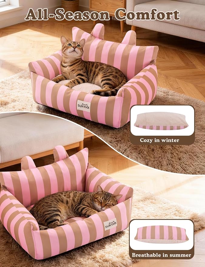 Cat Couch, Reversible Pet Bed for Indoor Cats – 2-Sided Cat Sofa with Oxford Fabric and Plush Fleece, Washable Small Dog Couch for Puppies and Senior Pets, Non-Slip Bottom, 22 inch, Pink Brown
