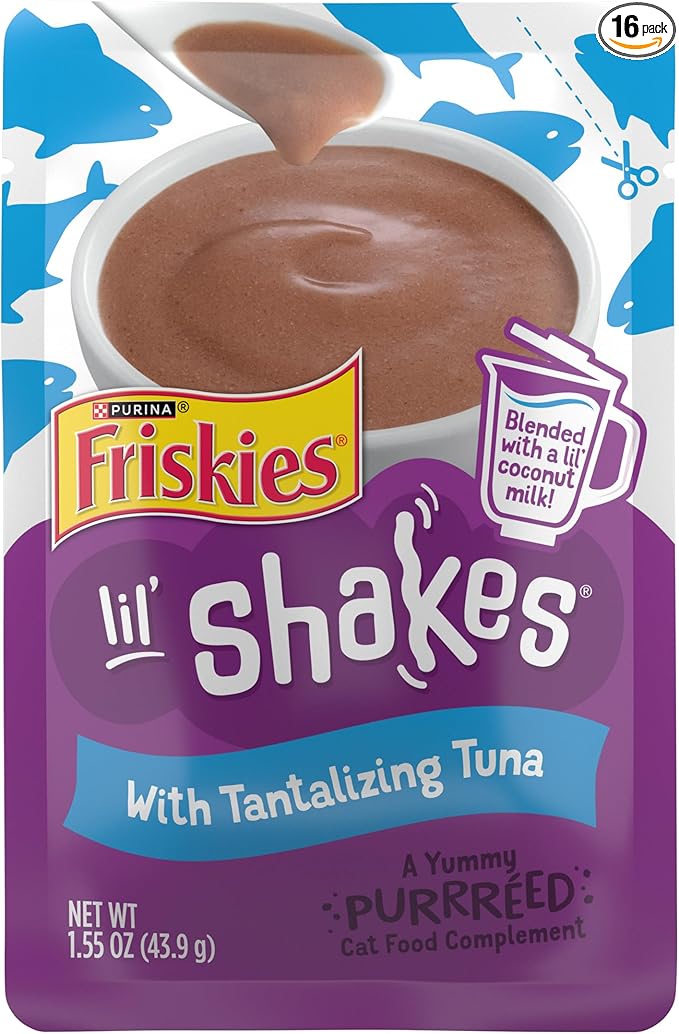 Purina Friskies Pureed Cat Food Topper, Lil’ Shakes With Tantalizing Tuna Lickable Cat Treats - (Pack of 16) 1.55 oz. Pouches