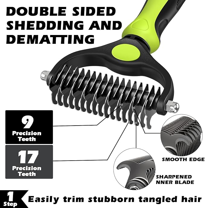 3PCS Self Cleaning Slicker Brush & Pet Grooming Rake & Flea Comb for Dogs,Cats and Horses | Double-Sided Dematting Comb & Skin Friendly Deshedding Grooming Tool (Green)