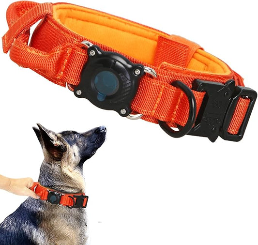 Upgraded AirTag Dog Collar,Waterproof Tactical Dog Collar with AirTag Holder, Control Handle and Metal Buckle,Heavy Duty Dog Collars for Large Dogs(Orange，M