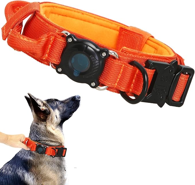 Upgraded AirTag Dog Collar,Waterproof Tactical Dog Collar with AirTag Holder, Control Handle and Metal Buckle,Heavy Duty Dog Collars for Large Dogs(Orange，L