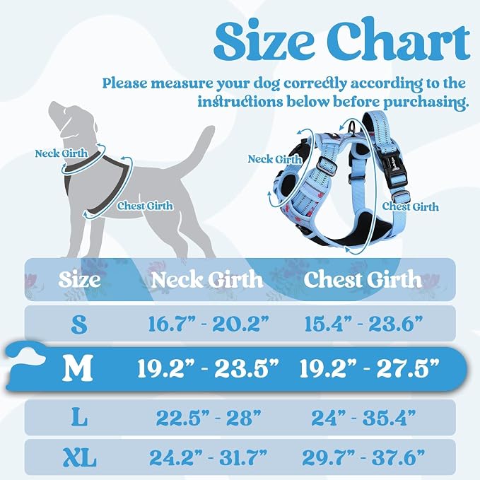 rabbitgoo Dog Harness Medium Sized, No Pull Easy On & Off with 3 Buckles Pet Harness, Adjustable Soft Walking Vest with 2 Clips and Handle, Reflective for Medium Dogs, Floral Blue, M