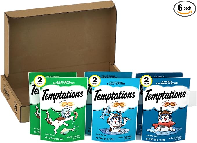 Temptations Cat Treats Classic Crunchy and Soft Seafood Lovers Variety Pack, 3 oz. Pouches (Pack of 6)