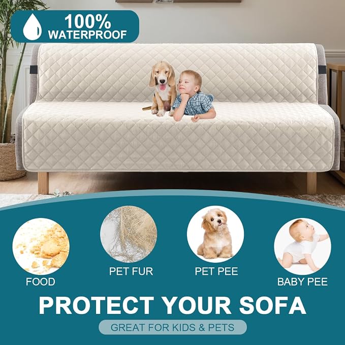 Turquoize 100% Waterproof Futon Cover Futon Slipcover Washable Armless Sofa Bed Slipcover Protector Seat Width Up to 70" with Adjustable Elastic Strap Anti-Slip for Dogs, Ivory