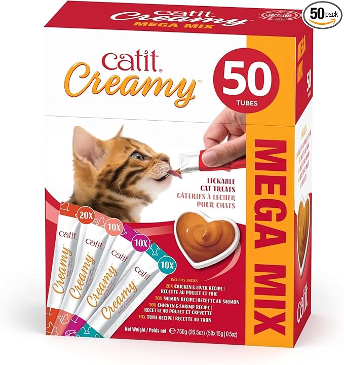 Catit Creamy Lickable Cat Treat – Healthy Variety of Flavors, 50 Pack, Hand-Feed or Serve, Nutrient-Rich Squeeze Tube, 0.5 oz Each