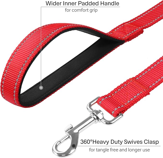 FunTags 6FT Red Reflective Dog Leash for Medium & Small Dogs Walking, Soft Padded Handle Comfortable Grip, Heavy Duty Nylon, Reflective for Night Walking, 3/4in Wide