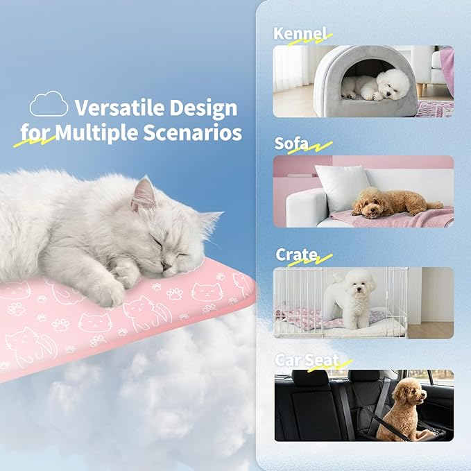 NWK Pet Cooling Mat -Q-Max>0.345 Ice Silk Cooling Mat for Dogs & Cats Portable & Washable Pet Cooling Blanket, Car Seats, Beds for Summer (Pink Cat, 20'' X 16'' X 0.3'')