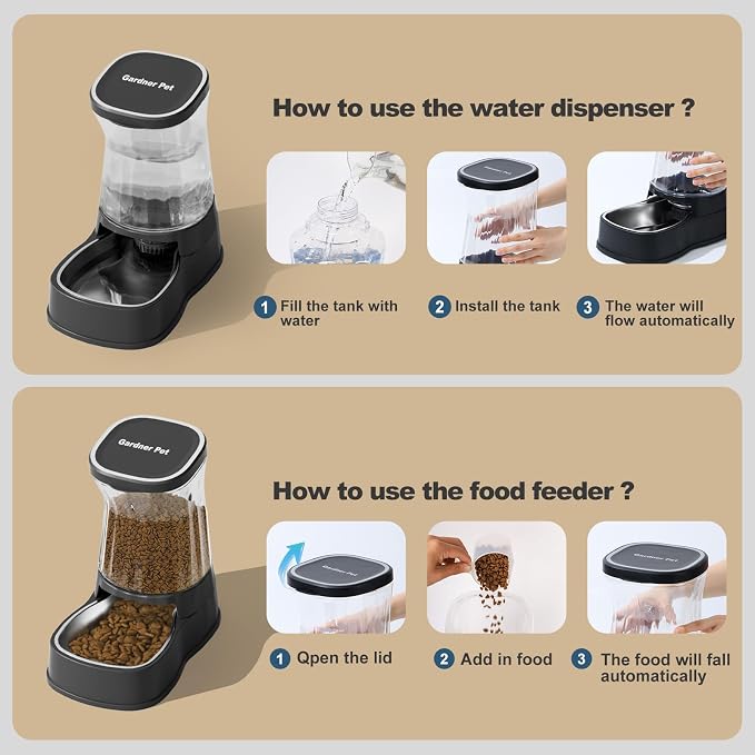 Automatic Pets Gravity Feeder and Water Dispenser Set with Stainless Steel Bowl, 1Gallon x 2 Stable Dog Food Feeder and Waterer, 100% BPA-Free for Small&Medium Dogs, Cats, Puppies(Black)