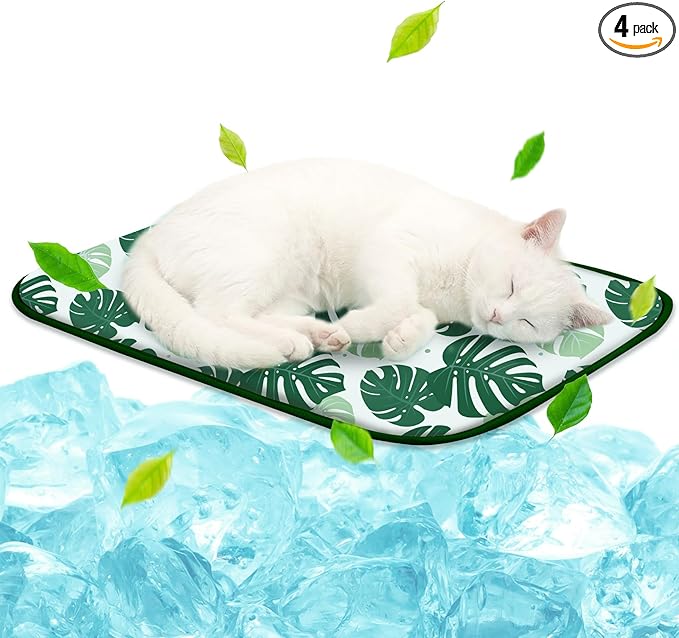 NWK Pack of 4 Pet Cooling Mat -Q-Max>0.345 Ice Silk Cooling Mat for Dogs & Cats Portable & Washable Pet Cooling Blanket, Car Seats, Beds for Summer (4pcs, Green Leaf, 20'' X 16'' X 0.3'')