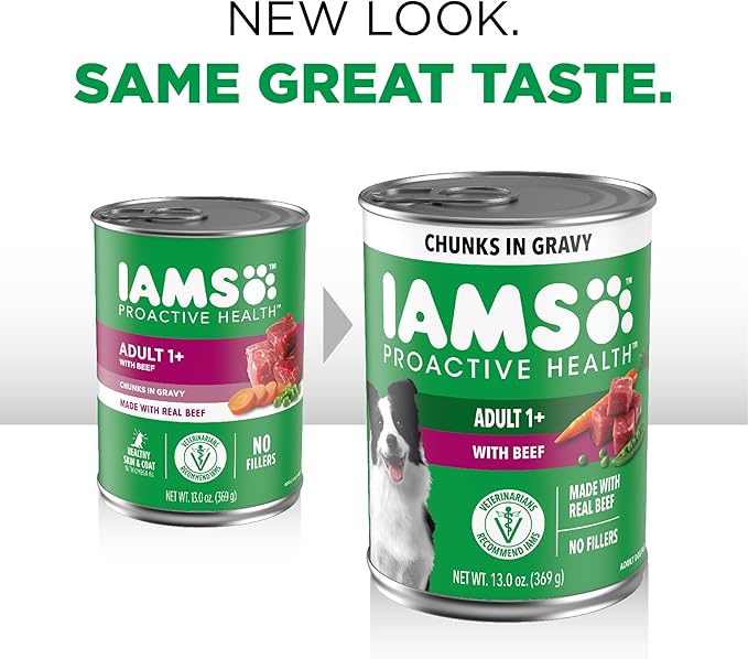 IAMS Proactive Health Wet Dog Food Adult, Canned Dog Food, Beef, Rice, Carrots & Green Beans Chunks in Gravy, 13 oz. Cans 12 Count (Pack of 2)