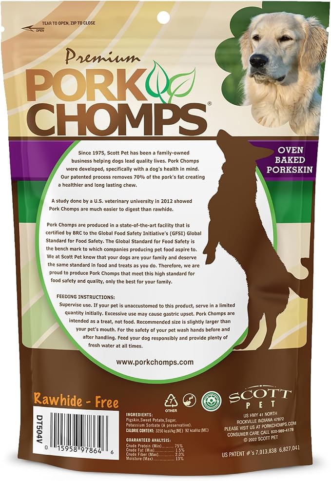 Pork Chomps Baked Pork Skin Dog Chews, 6 Inch Twists, 4 Count - Sweet Potato Wrap - Long-Lasting Treats for Dogs - High Protein, Rawhide-Free, Low Fat, Healthy & Delicious Chews