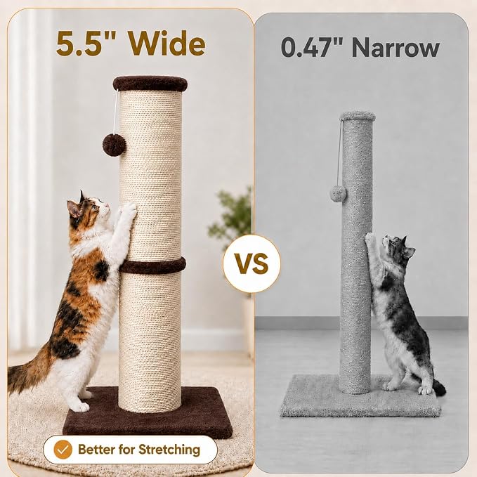 PAWSCRAT Cat Scratching Post 32 Inch High, 5.5 Inch Large Diameter Natural Sisal Cat Scratch Post, Scratch-Resistant and Durable Tall Cat Scratcher for Indoor Cats, Protect Your Furniture, Brown