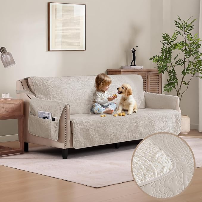 Quilted Beige Grand Sofa Couch Covers, Soft Cozy Couch Protector for 4 Cushion Couch, Cover for Super Large Sofa, Oversized Grand Sofa Slipcovers Water-Repellent (Grand Sofa 88", Beige Cream)