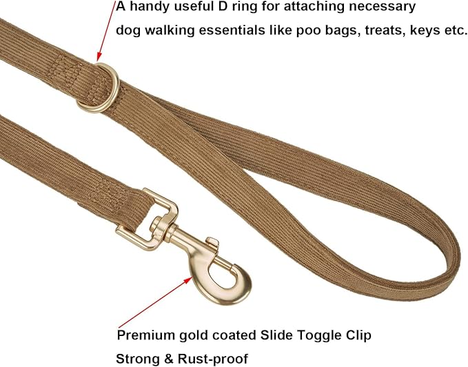 Soft Corduroy Dog Collar and Leash Set Adjustable Durable Dog Collars with Metal Buckle and Lead for Medium Dogs,Brown