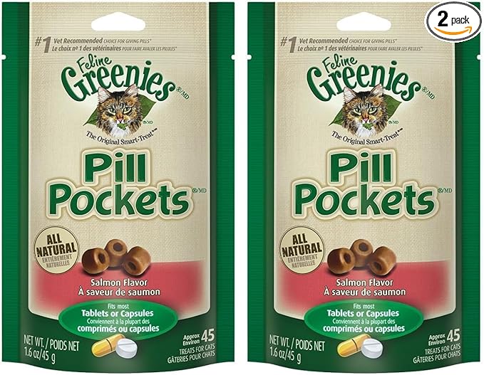Greenies Feline Pill Pockets for Cats Natural Soft Cat Treats, Salmon Flavor, 1.6 oz. Pouch (45 Treats) (Pack of 2)
