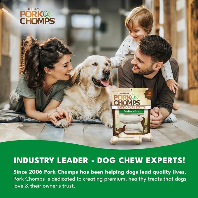 Pork Chomps Baked Pork Skin Dog Chews, 11 Inch Knots, 4 Count, 1 Pack - Long-Lasting Treats for Dogs - High Protein, Rawhide-Free, Low Fat, Healthy & Delicious Chews