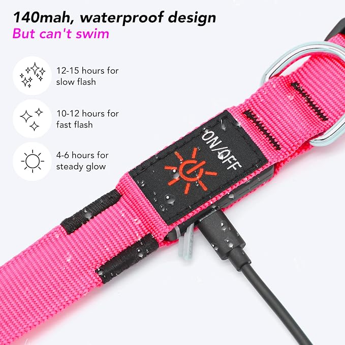 Light Up Dog Collar, Rechargeable USB Collar, Waterproof, Luminous LED Collar, Adjustable, Super Bright, Night Walking for Small Medium Large Dogs, Pink, M
