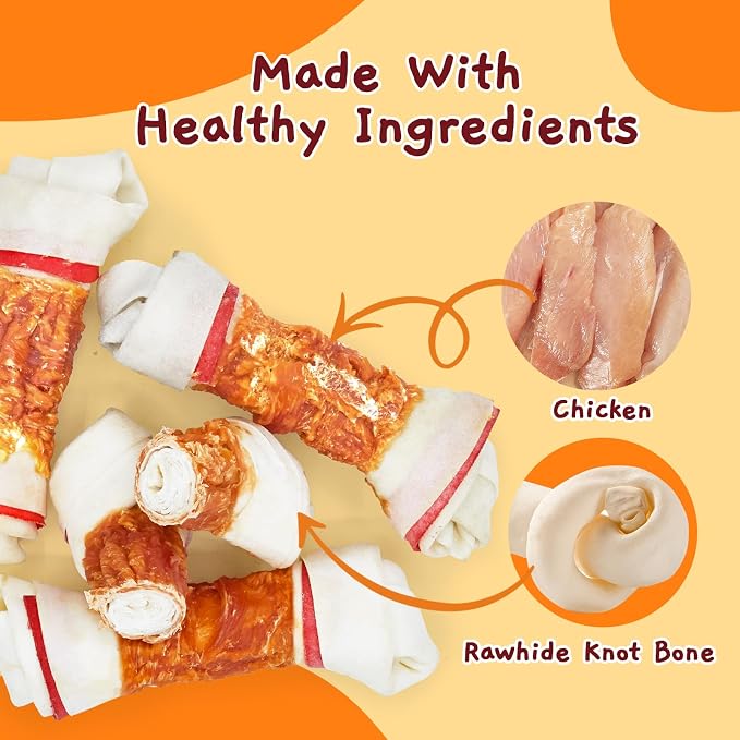 Jungle Calling Chicken Wrap Knotted Bones Dog Chews, Long Lasting Beefhide Treats Real Rawhide Bones for Large Dogs Edible Training Treats (Pack of 2)