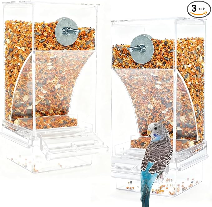 2Pcs Automatic Bird Feeder for Cage No Mess Parakeet Feeder Seed Food Container Feeding Station Cage Accessories for Small Birds Parrot Cockatiel Canary Lovebirds