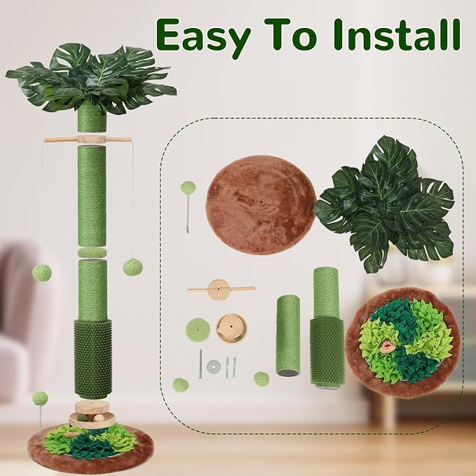 Cat Scratching Post, 40" Tall Palm Tree Scratch Post for Cats, Sisal Scratching Posts for Indoor Cats Adults with Hanging Cat Toys, Self-Grooming Brush, Snuffle Mat and Interactive Wooden Ball Track