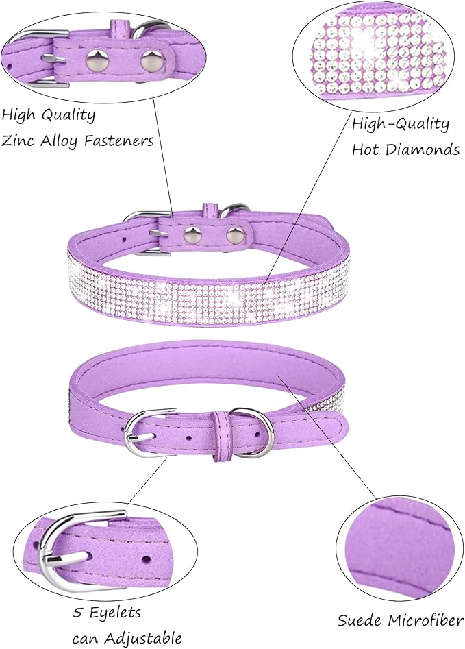 Dog Collar for Small Dogs, Adjustable Leather Suede Bling Dog Collars，Purple Dog Collar Cat Collar, Rhinestone Dog Collar (XS, Purple)