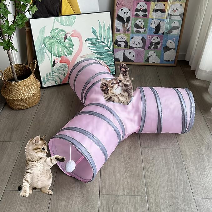 3-Way Collapsible Cat Tunnel Tube Toy Pink — Interactive Play Tunnel with Hanging Ball & Peek Hole for Indoor Cats, Kittens, Puppies & Rabbits | Hours of Fun & Exercise